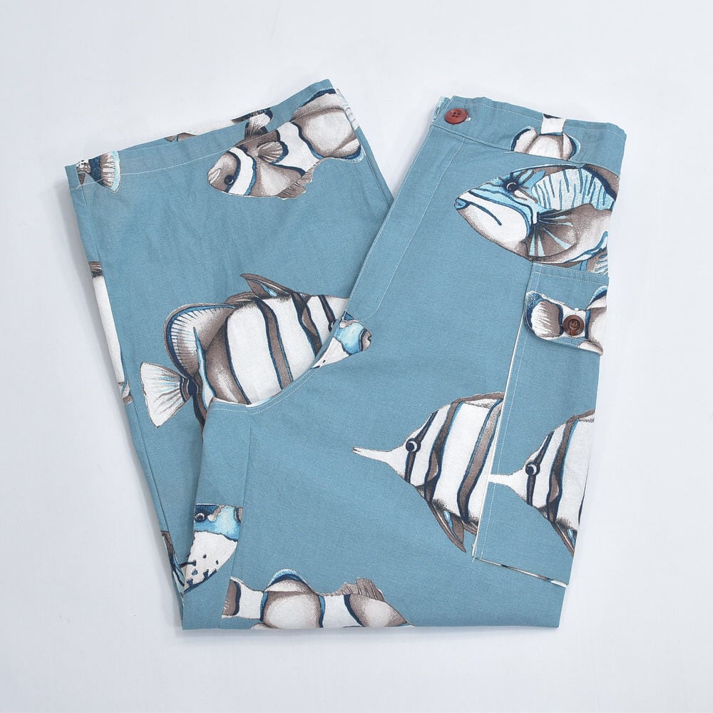 Remake リメイク ハンドメイド テキスタイル パッチワーク デザイン ルーズシルエット カーゴパンツ セーラー ボーダー 船 再構築 総柄 W67~88cm