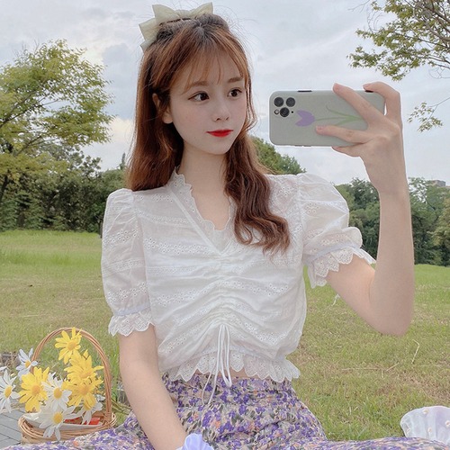 ✞ スタンダードショートVネックシャツブラウスギャザーレーストップス レトロ ✞ゴスロリ SM ミリ 甘ロリ クラロリ 和ロリ エレガント 黒ロリ 姫ロリ 華ロリ BB-BB1124798