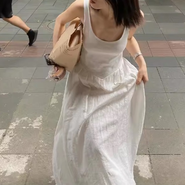 white knit cotton-linen sleeveless maxi one-piece <d1009993>