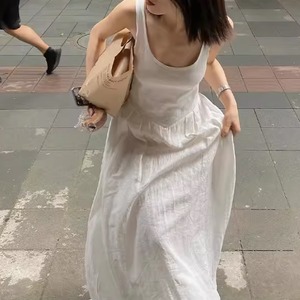 white knit cotton-linen sleeveless maxi one-piece <d1009993>