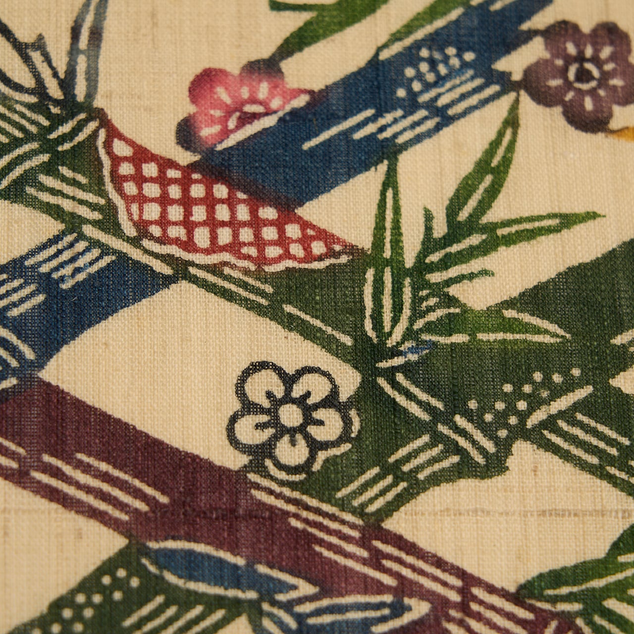 本場琉球紅型 竹垣に花の模様 生紬 名古屋帯【未着用品】 | かわの屋