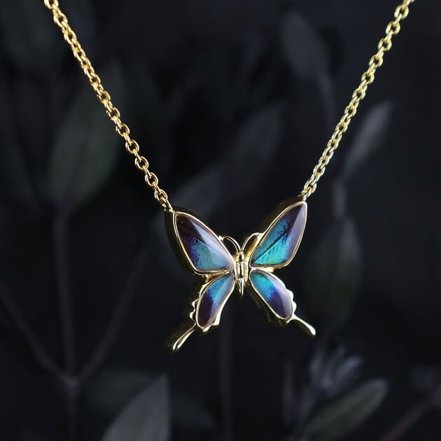 Psyche/現品] [zps049g-gr]本物の蝶の翅 小さなアゲハ蝶 ネックレス