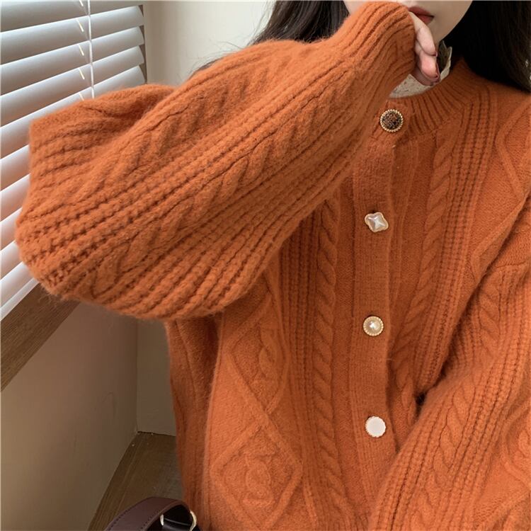 ターコイズ色のボタン付きカーディガン Shaggy knit mix cardigan / シャギーニットミックスカーディガン
