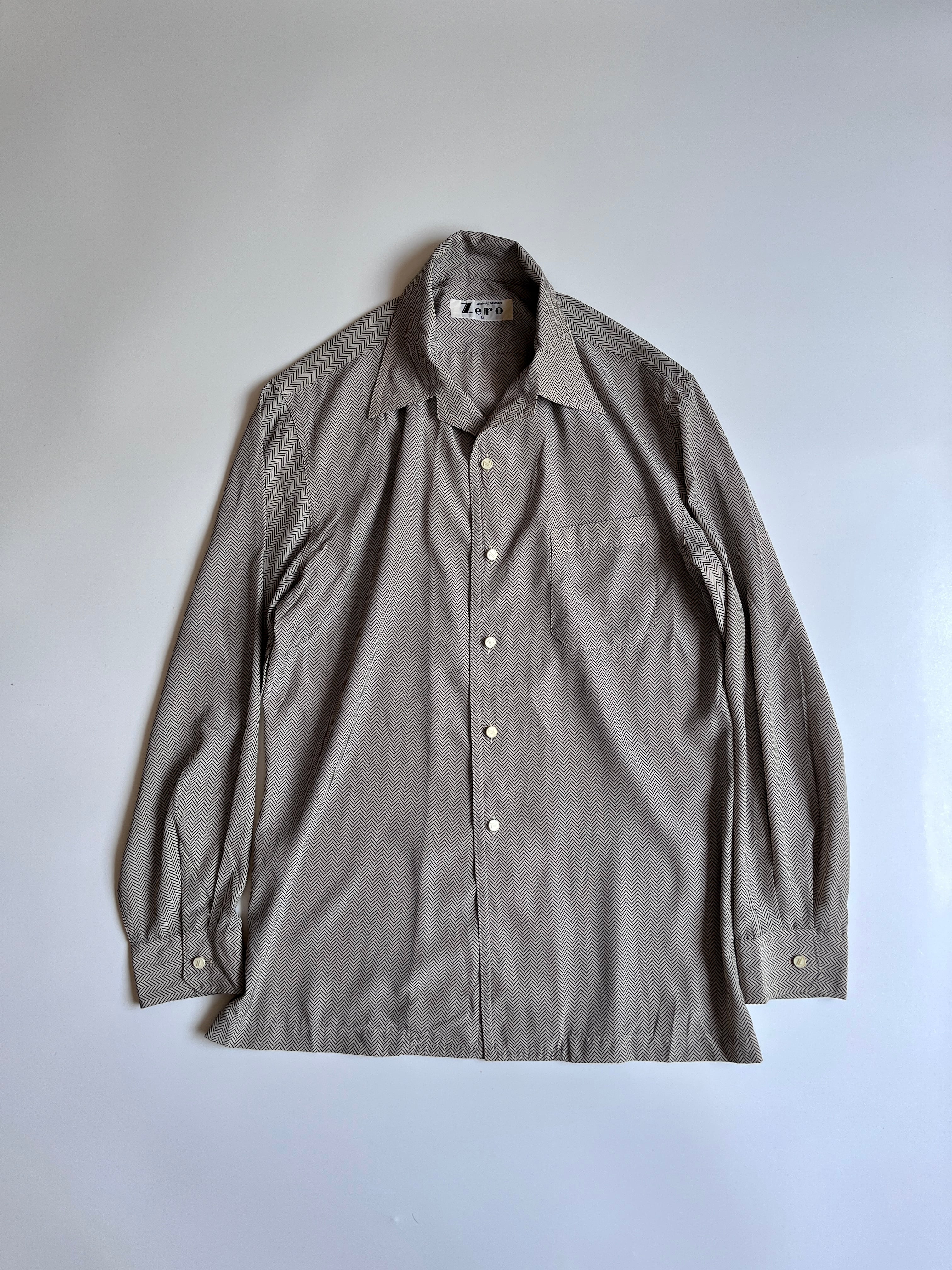 ヴィンテージ オープンカラー 総柄 シルクシャツ 柄シャツ|ベージュ×ブラック ヘリンボーンプリント|S相当|古着 日本製