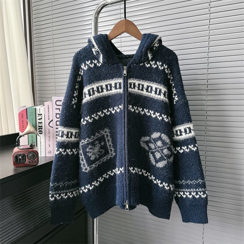 【outer】ファスナーフード付きニットカーデ M28283