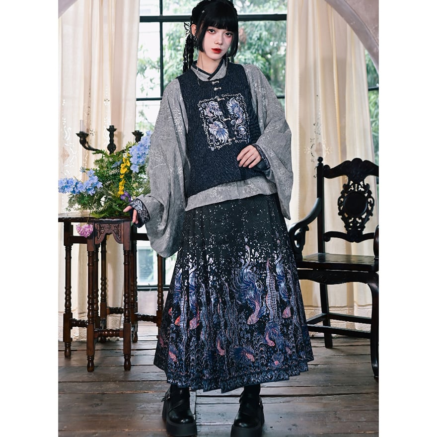 中華ゴシック チャイナ風 ラップスカート ロング プリーツスカート 古怪舎