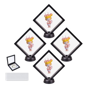 【在庫処分】PJTL ラバーストラップ ディスプレイスタンド アクリルキーホルダー ディスプレイケース 展示ホルダー アクキー ラバスト 密封する 防湿 抗酸化 強靭性 穿刺に強い アクセサリー やおもちゃなどの収納4個セット 台座付き (黒-14cm*14cm-4セット)