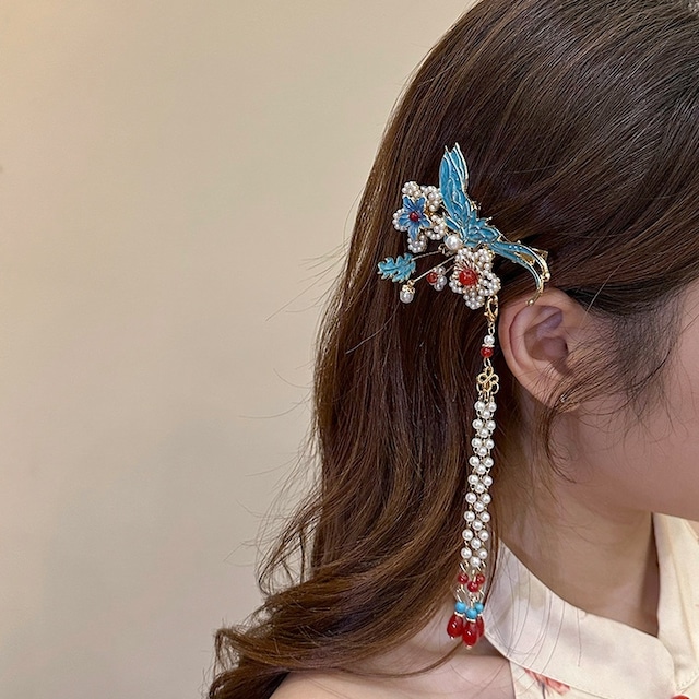 中華ロリータ 蝶と花のパールタッセルヘアクリップ