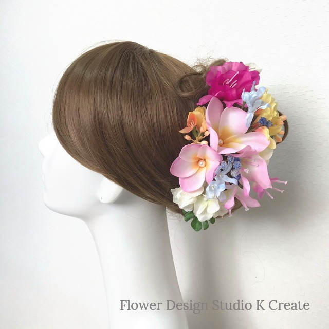 ピンクのプルメリアとミレアザレアの髪飾り｜リゾートウェディング・海外挙式・フラダンス｜Plumeria & Tropical Mille Azalea Hair Accessory｜U-Pin Set｜Resort Wedding Hairpiece