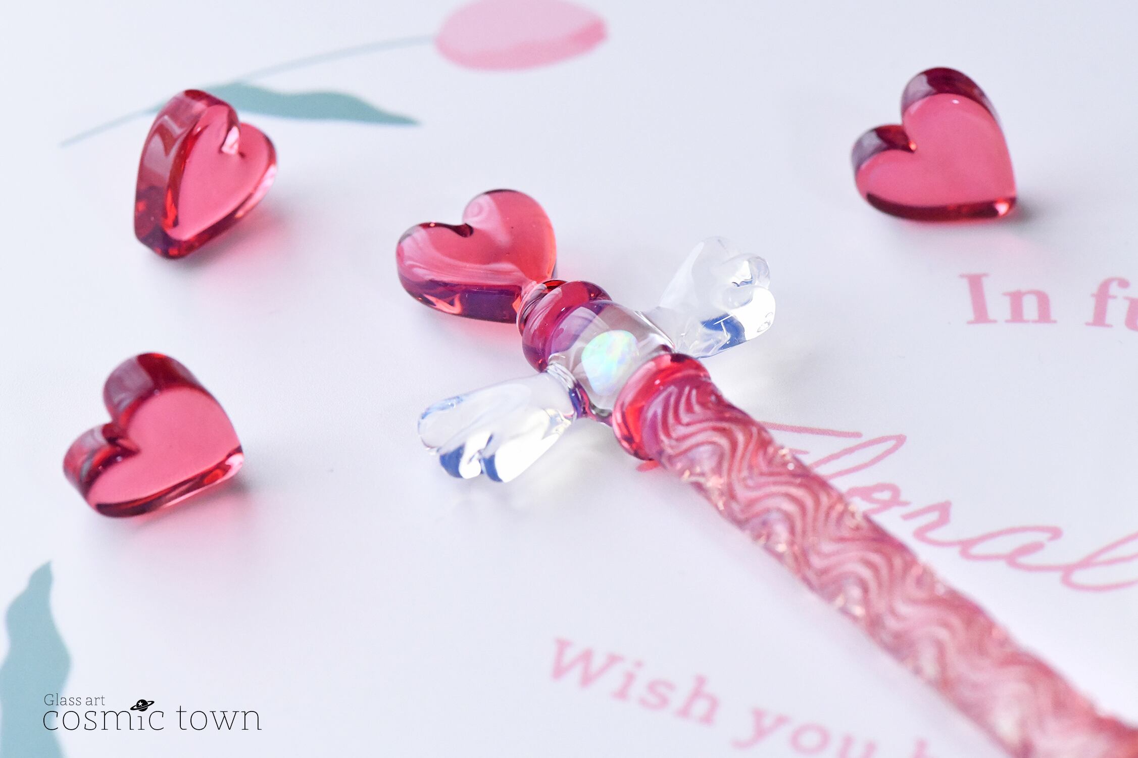 ハートのガラスペン / ウイングver. / ボロシリケイト【オパール2個