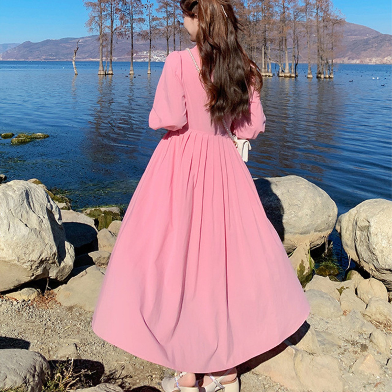 Sweet Pink Pleated Shirt Dress 5031