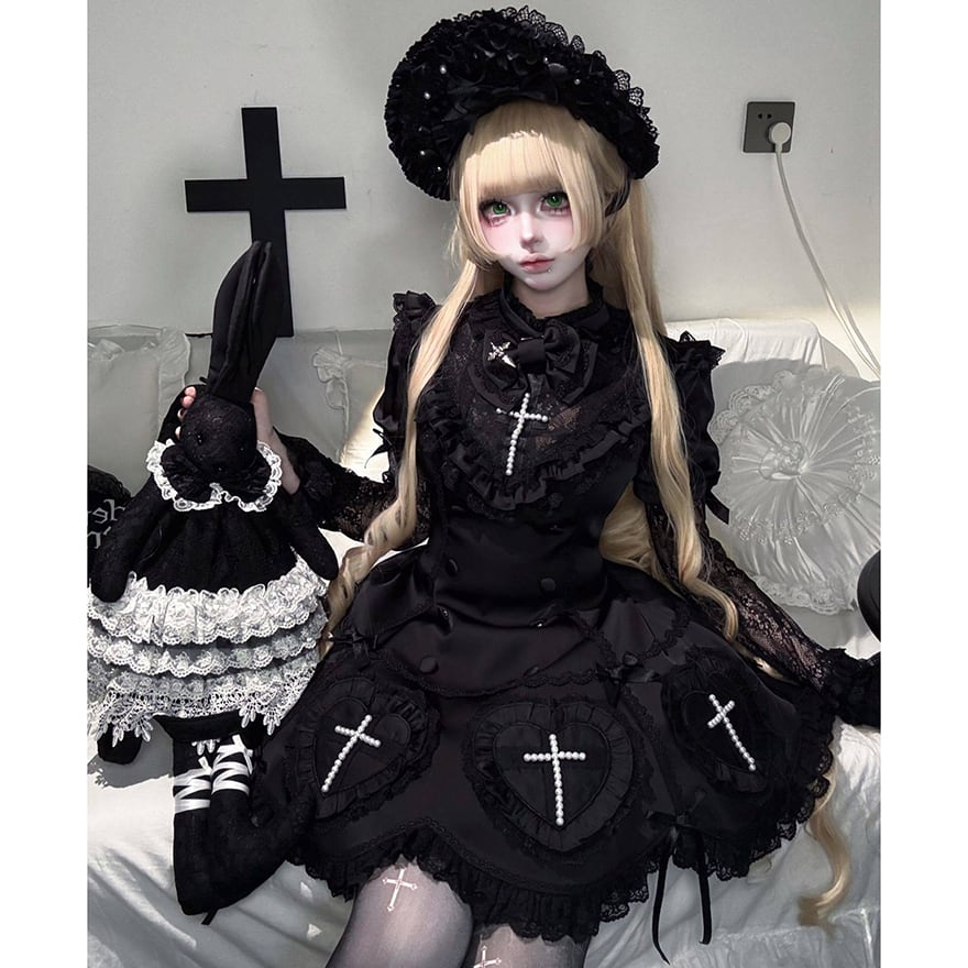 十字架モチーフ フリルボンネット付き ゴスロリヘッドドレス【予約商品