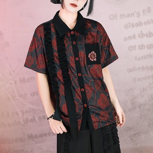 ダークフローラル刺繍ポケット フリルストラップシャツ（ruf_02989）