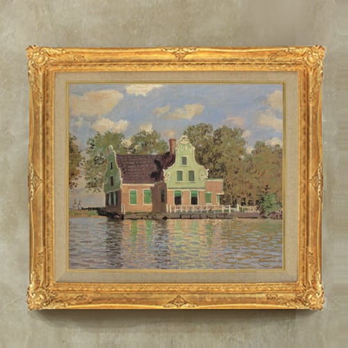 直筆仕上げ油絵【クロード・モネ】ザーン川の岸辺の家 F10 絵画 アート インテリア 風景画