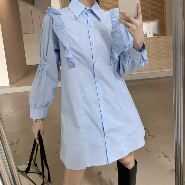 wing frill design puff sleeve shirt dress【2color】  e1841
