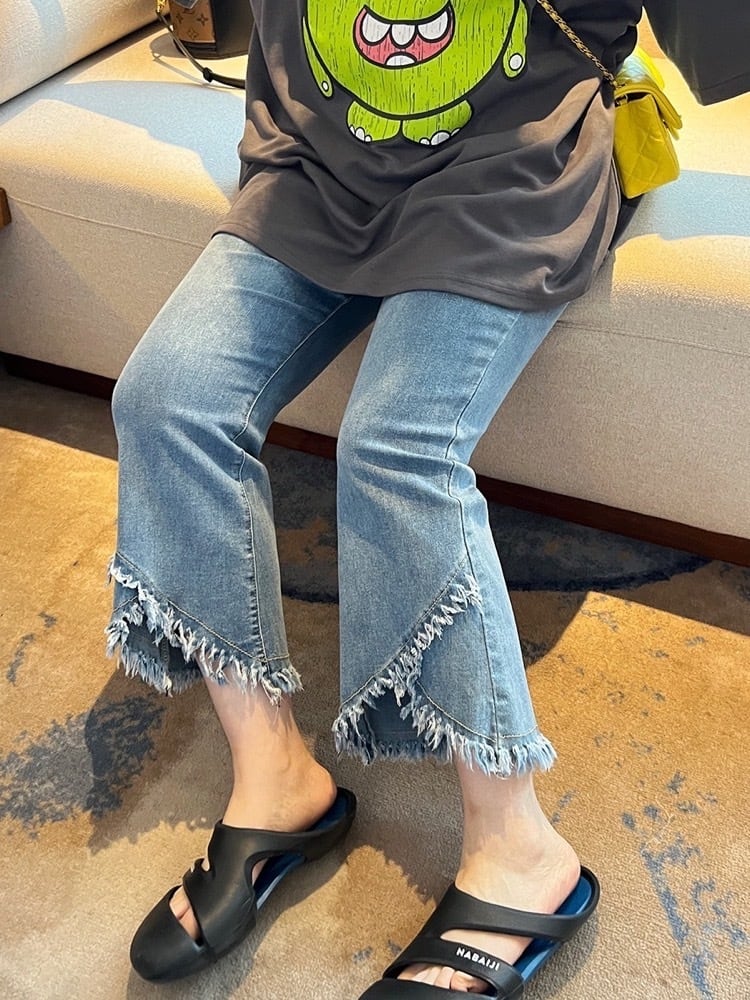 美脚見え叶える 裾フリンジ9分丈デニム お洒落 上品 フレア 大人可愛い カジュアル きれいめ 細見え 体型カバー 大きいサイズ 韓国 CH10788