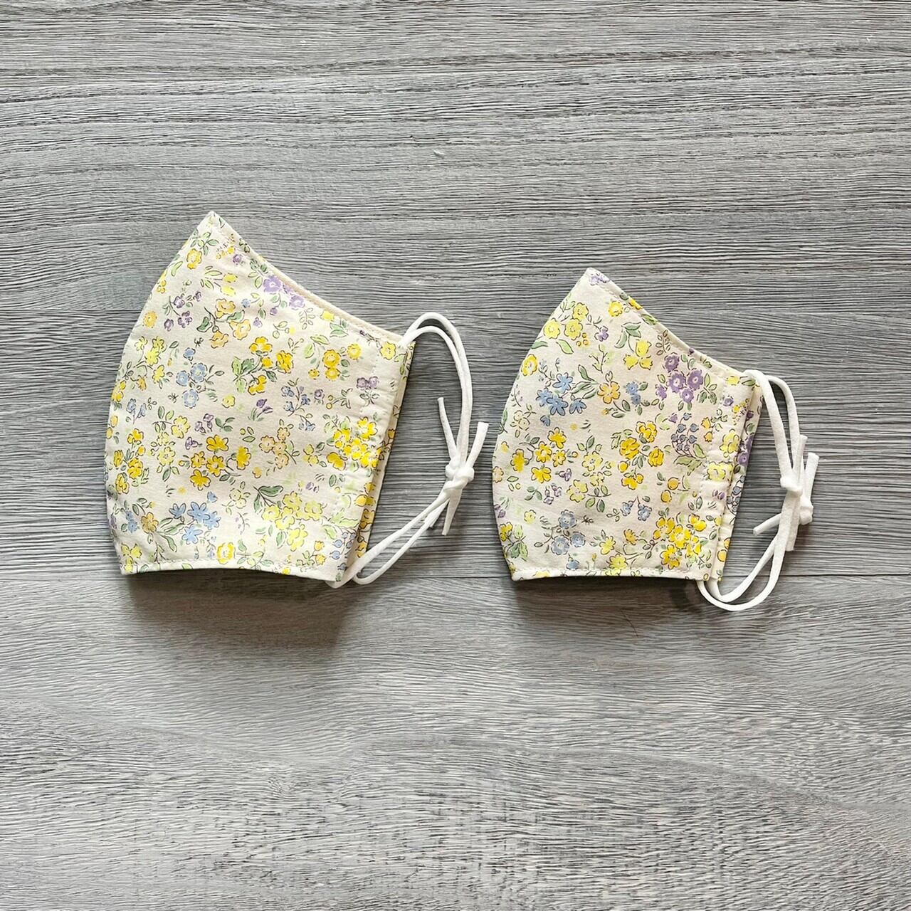 親子マスクセット(大人用&子供用) 花柄 ホワイト&イエロー