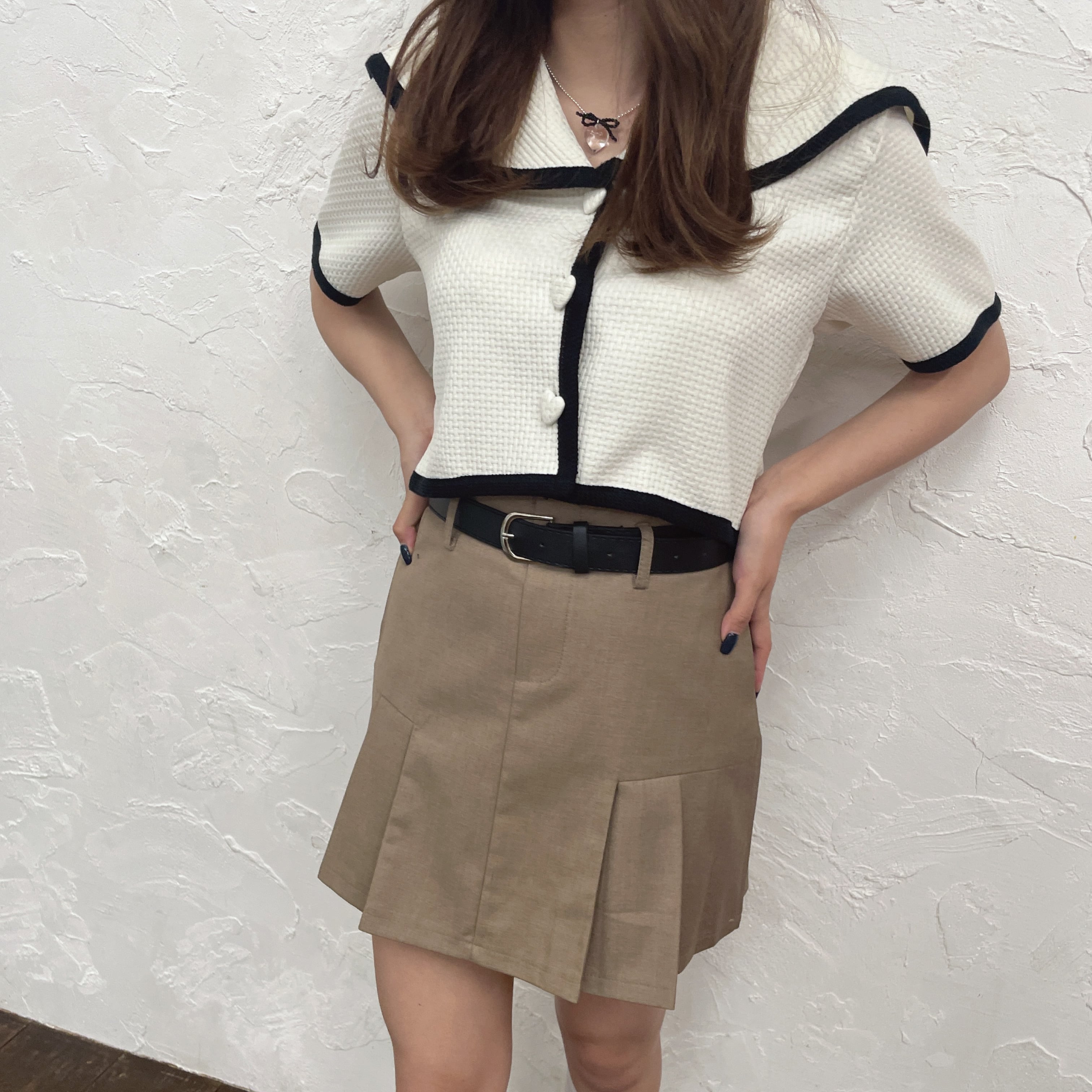 【LAST2】tuck pleats belt skirt-BROWN