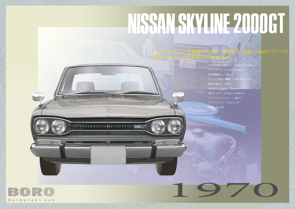 日産スカイライン2000GT グレアシルバーメタリック 1970年イラスト