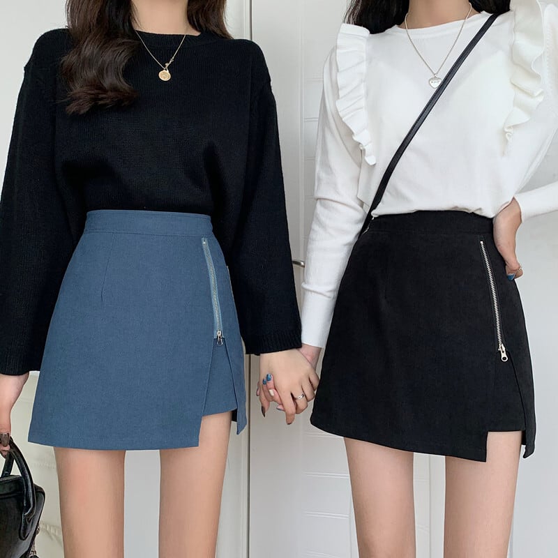 スタンダードハイウェストウェストスリムジッパースカート スプリングオータムAライン レトロ 春物 秋物 YY-ファッション30573838160