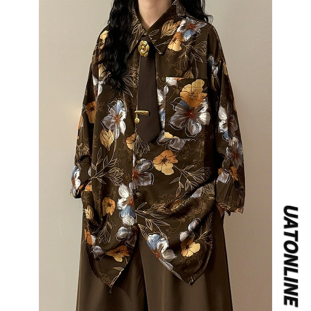 ♥油絵風フラワーシャツ！【UATONLINEシリーズ】★シャツ★ ネクタイ付き ユニセックス トップス 長袖シャツ