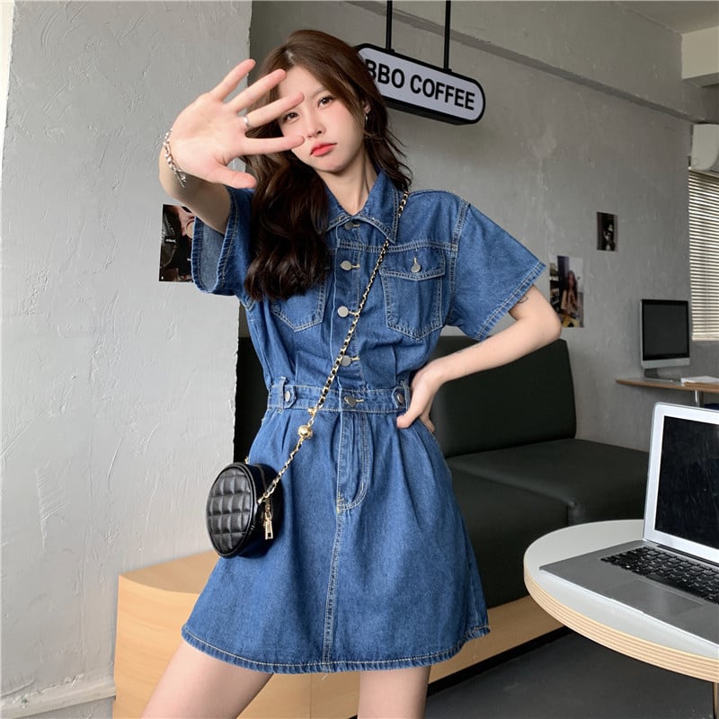 デニムスタンドカラー半袖ミニワンピース デニムワンピース 半袖 Aライン ワンピース レディース 襟付き