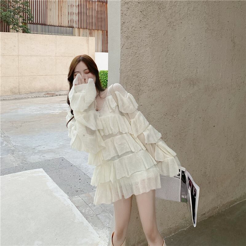 ルーズステッチのフリルVネックアウターセーターレディース2020秋新作ホワイトセータートップ ブラックストロベリース29640064382