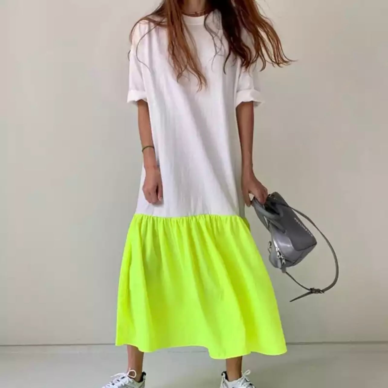 夏ワンピース バイカラー ピンク グリーン イエロー グレーカラフル ショッキングカラー ロングtシャツ フレアスカート 9style