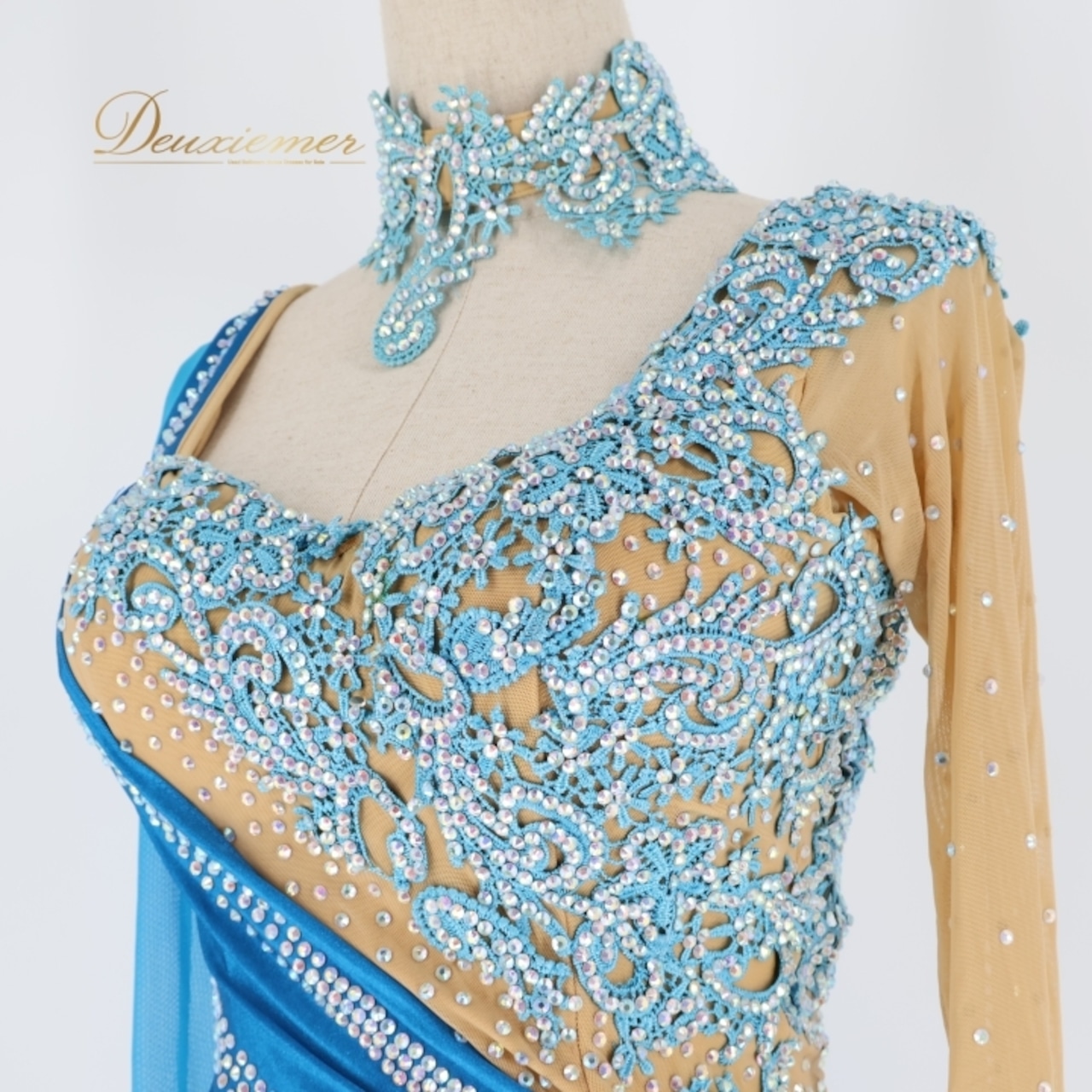 社交ダンス 衣装 ラテン ドレス ワンピース ラテンドレス 青 デモ 競技 パーティ 発表会 クロッチ ブルー系 鮮やか色 おしゃれ フォーマル ダンス衣装 レディース 競技用 ステージ用 コスチューム