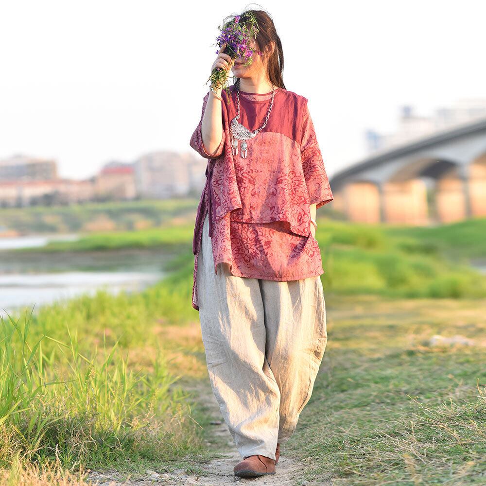 スタンダードプリントカラーノースリーブトップス コットン レトロ スプリング 春物 サマー 夏物 Yiranxuaディースワード9041060879