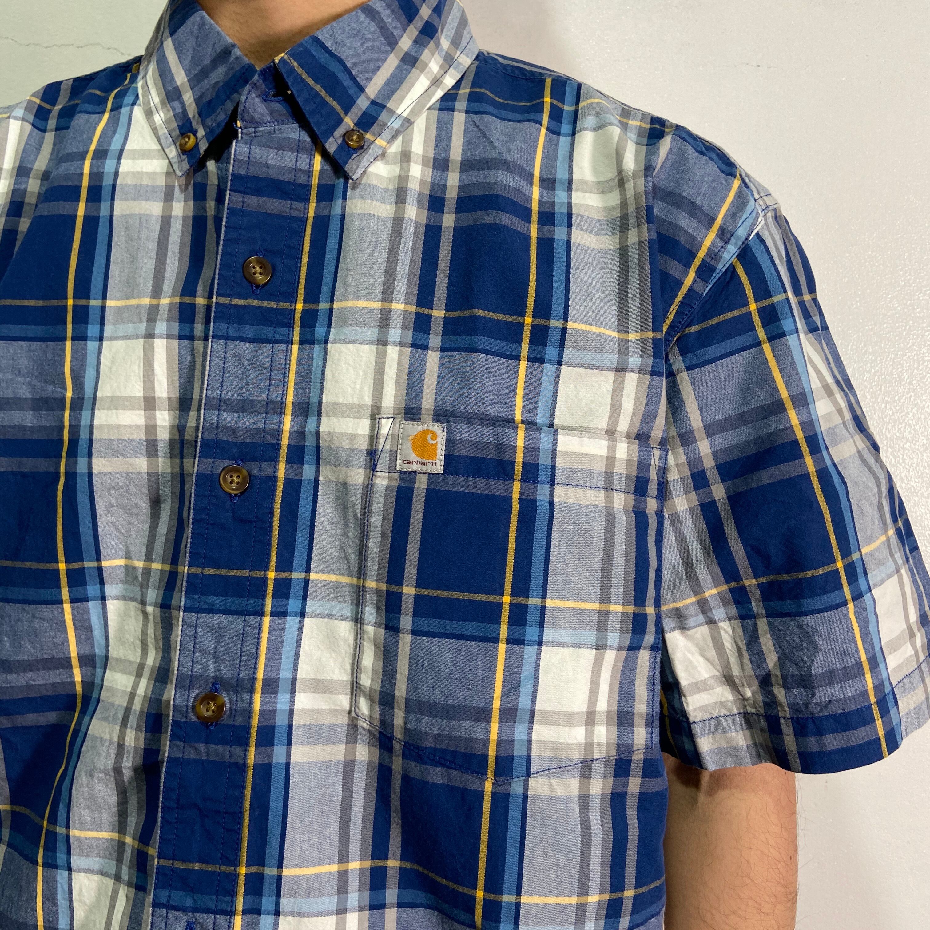 【G474】Carhartt 半袖ボタンダウンシャツ【2XL】ブルー系
