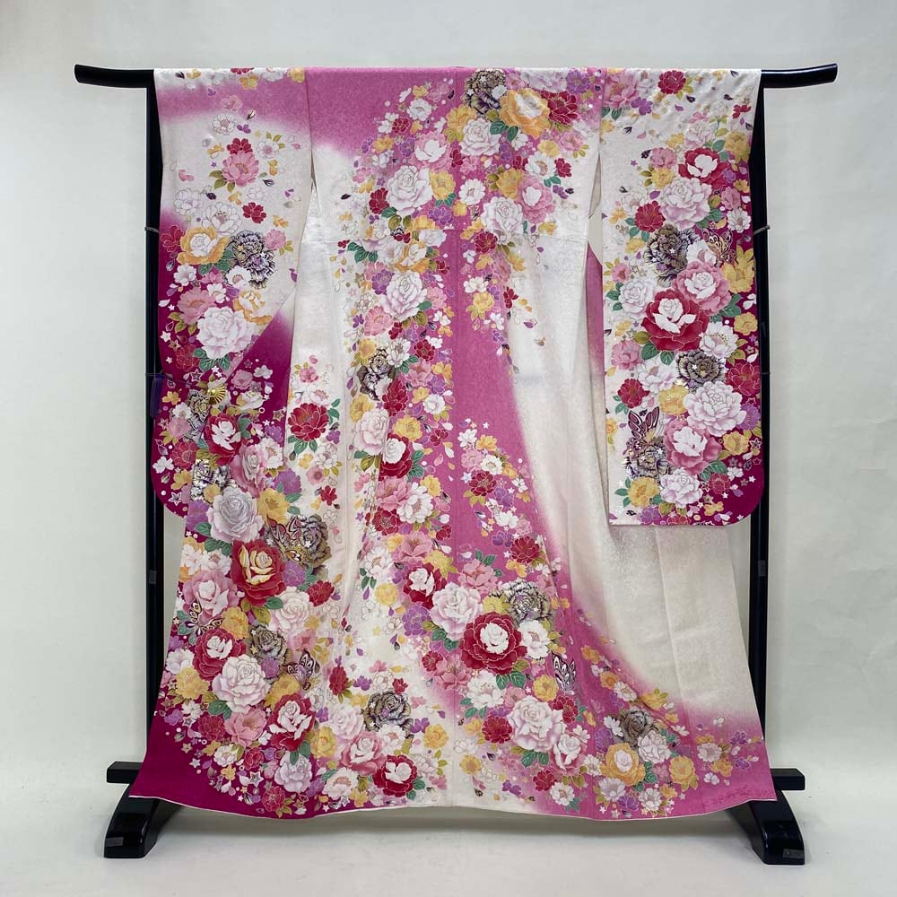 振袖 中古 白 ピンク 正絹 古典 裄65.5cm 身丈165cm 美品 M サイズ 成人式 5066