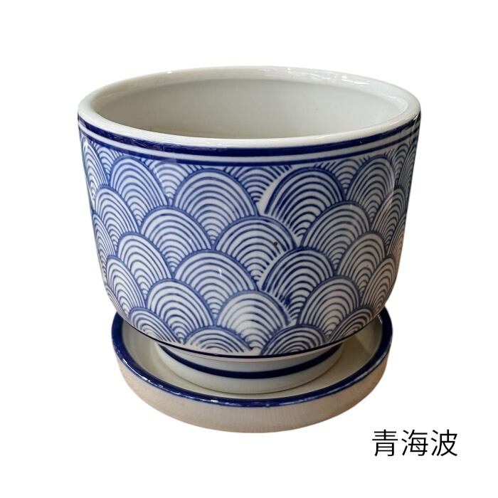 通販 陶器 和風 植木鉢 青 和風陶器植木鉢 青い花の絵柄 角鉢 24cm