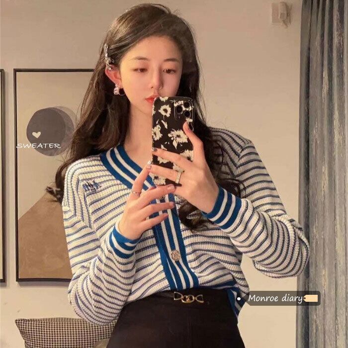 Vネックストライプセーター ルーズ薄手カーディガンレディーススプリングコート クロップドトップス 春物 モンロー34497787124