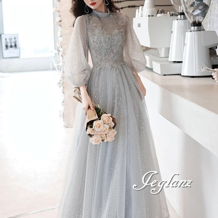 3色 パーティ イブニングドレス ボリュームチュール ラメ 光沢感 7分袖(M8475)ζ