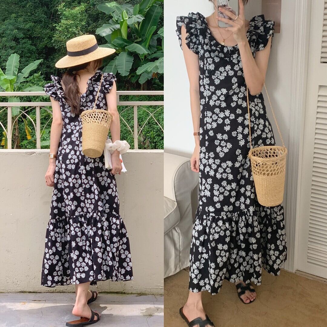 デザイン レトロ フライングスリーブ 花柄 ワンピース