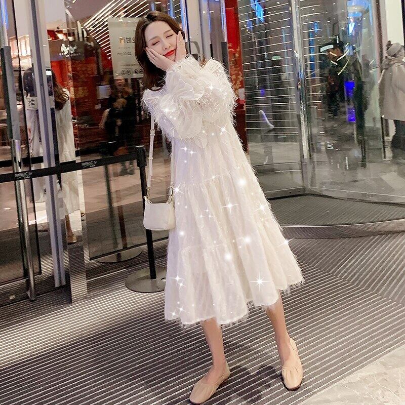 【新作】【送料無料】 8001＃マタニティ服春秋長袖イージーマッチングルーズボウカラードレス妊婦ママドレス ロング リボン スプリング 春物 オータム 秋物 AL expec327738861096