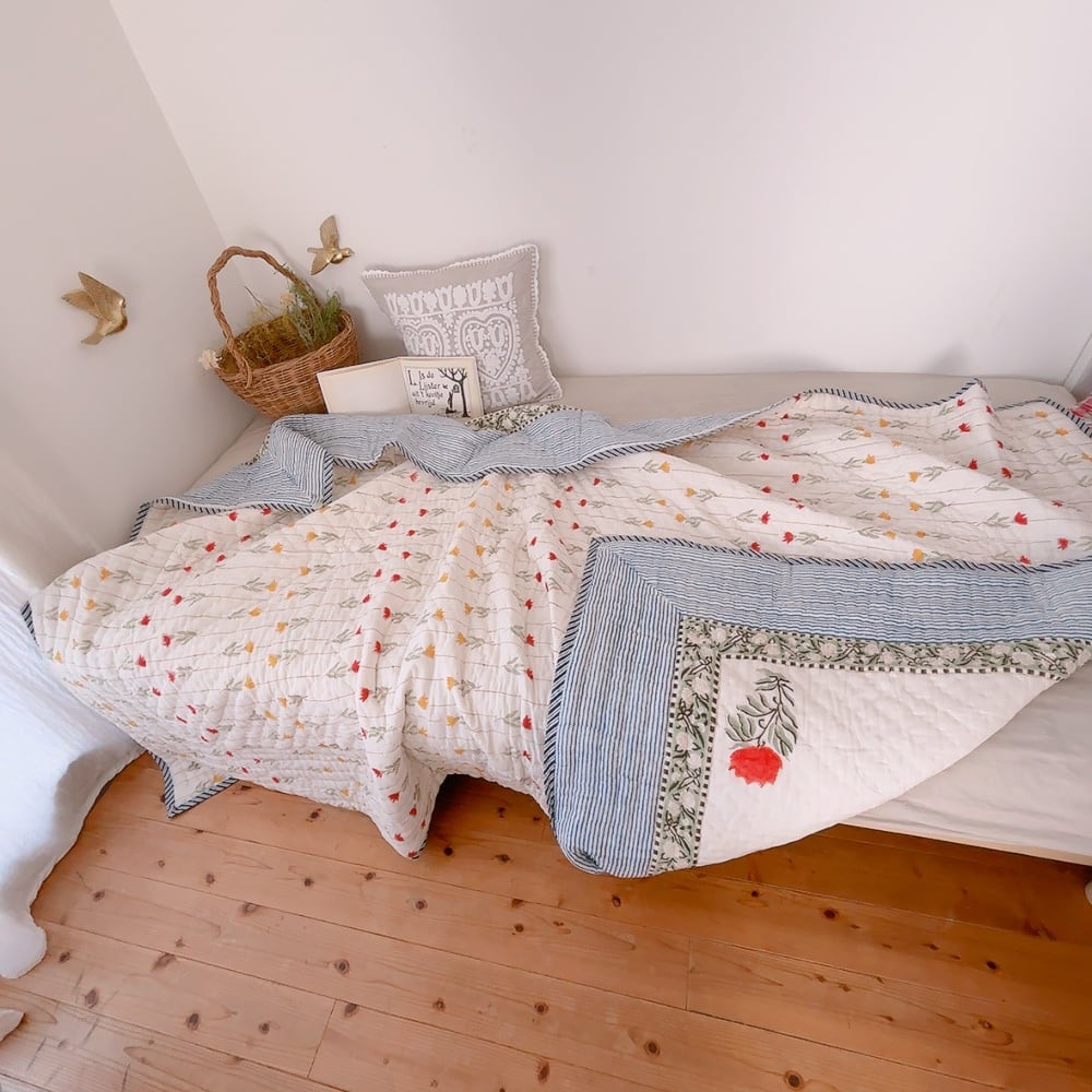 綿入り【M】パリのパン屋さん ブロックプリントキルト | ブロック