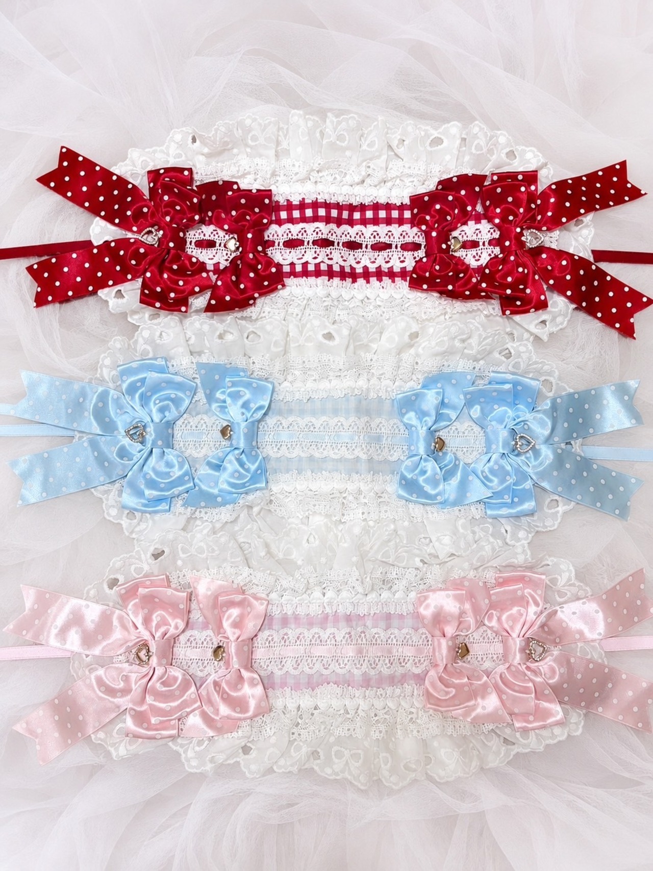 ♡【全5色】ドット柄サテンダブルリボン ボリューミーフリル ギンガムチェックヘッドドレス light blue×pink ♡