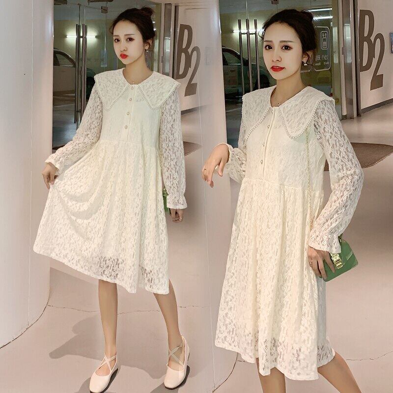 【新作】【送料無料】 マタニティドレスターンダウンカラーオータムレース無地長袖ルーズスタイリッシュドレス妊婦ママドレス ロング 秋物 ソリッドカラー AL expec383776930244