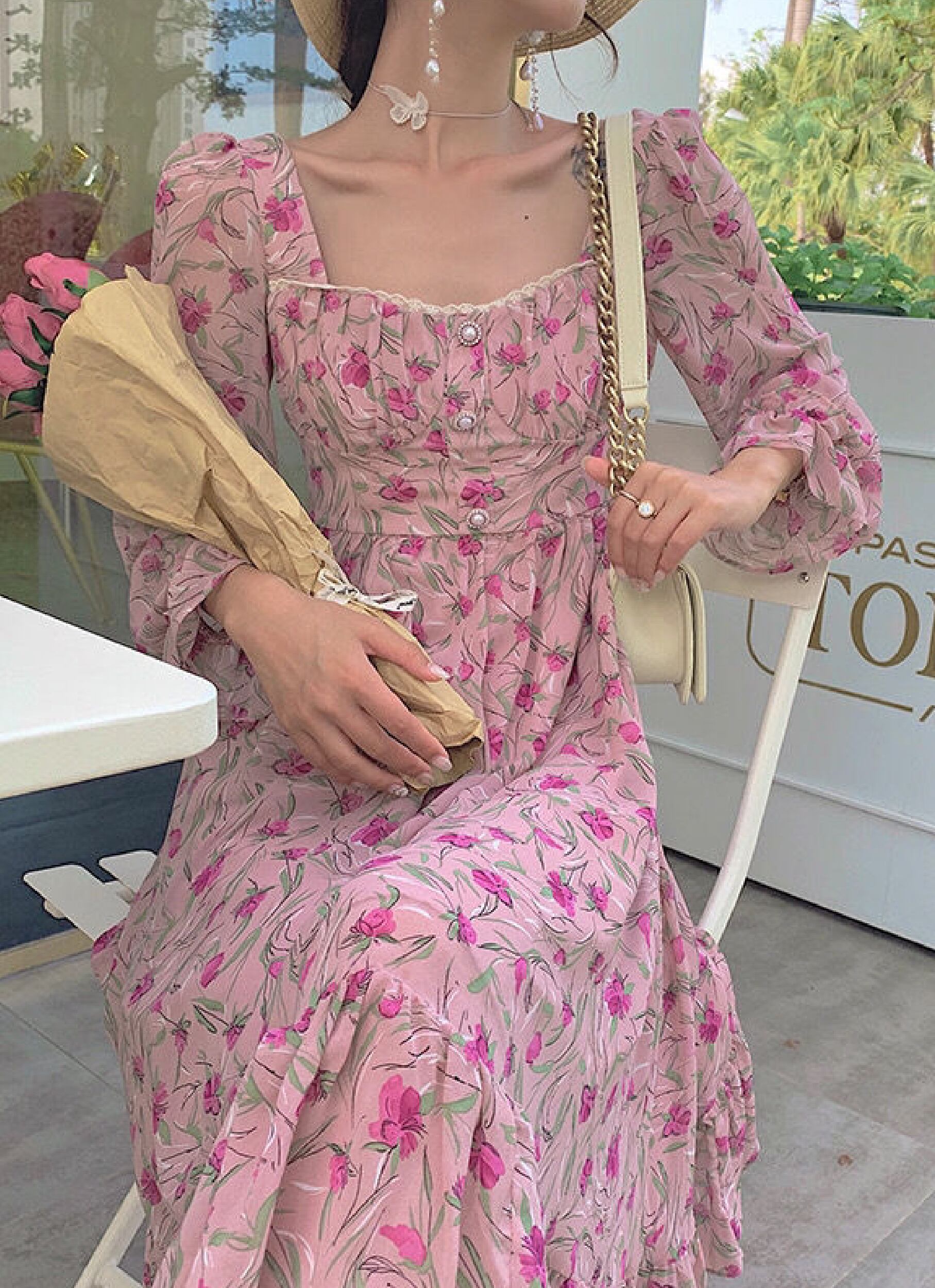 花柄ワンピース 薔薇ローズ柄 フレンチレトロ スクエアネック 長袖