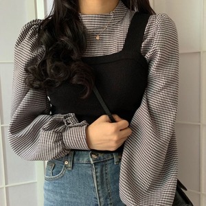 ハイネックブラウス ビスチェ  トップス ブラウス ベスト 袖なし 袖あり 長袖 パフスリーブ ハイネック 2way 綿 2点セット ツーピース かわいい 大人可愛い シンプル カジュアル おしゃれ お洒落 大人可愛い 大人女子 ラブリー キュート ガーリー 主役級 無地 柄 チェック柄 春 夏 秋 10代 20代 30代 レディース 学生 通学 デート お出かけ 公園デビュー 女子会 休日 着回し 普段使い 重ね着 韓国 韓国系 色展開 黒 ブラック 6110