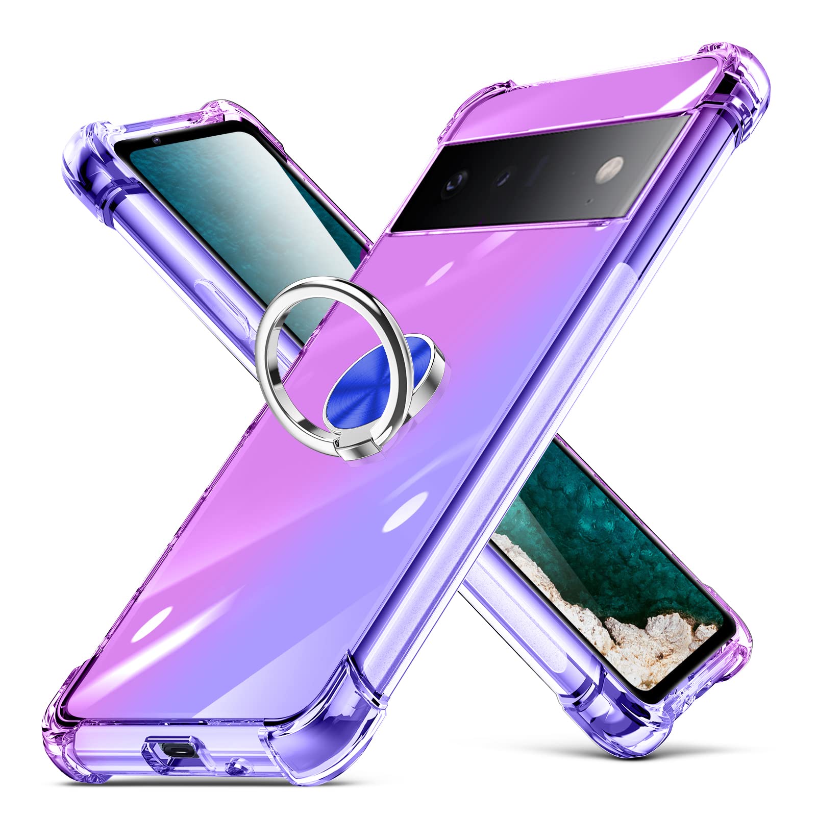 MNYWDSQ 対応 Google Pixel 6 Pro ケース リング クリア 透明 スリム 薄型 TPU Pixel 6 Pro 紫+青