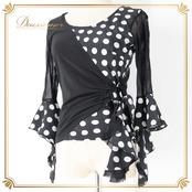 フラメンコ 衣装 トップス ブラウス ブラック系 イチオク 黒 白 水玉 ドット柄 フリル 伸縮 ストレッチ 華やか ICHIOKU かわいい 練習 レッスン イベント モノトーン ダンス衣装 ホワイト系