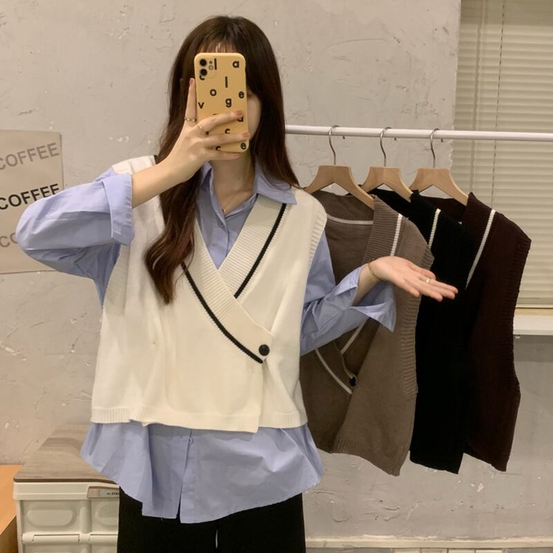 ホワイトVネックニットスプリングオータムシャツショート 春物 秋物 試着室61023014659