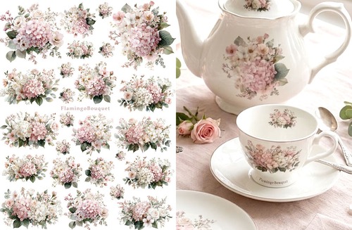 白磁用水彩FlamingoBouquet転写紙　フラミンゴブーケ　A4サイズ　（ポーセリンアート用転写紙）