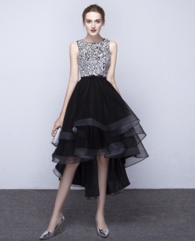 ブラック　ミディ丈　スパンコール　パーティードレス　iPd0085