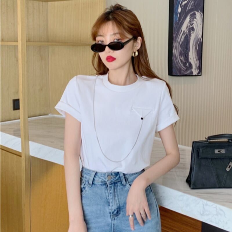 ホワイトTシャツ 薄手チェーン サマールーズラウンドネックトップス 夏物 Oネック YY-ファッション75379932574