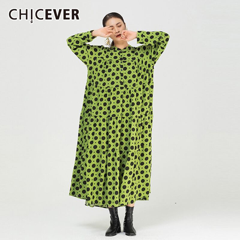 CHICEVERヴィンテージドレスレディーススタンドカラーロングスリーブドットヒットカラールーズフリルAラインドレス2021秋 長袖 ラッフル オータム 秋物 ビンテージ 6base545847596270
