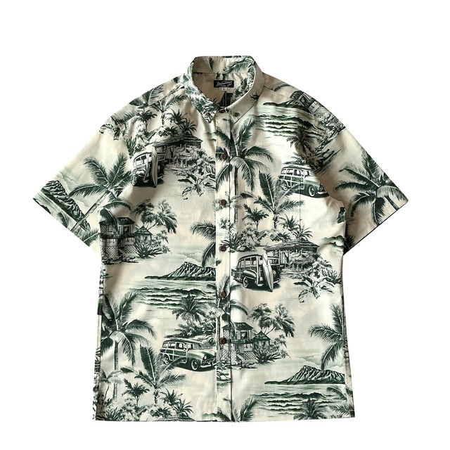 Mountain Men's ボタンダウンアロハシャツ / CLASSIC HAWAII / IVORY × Olive Green